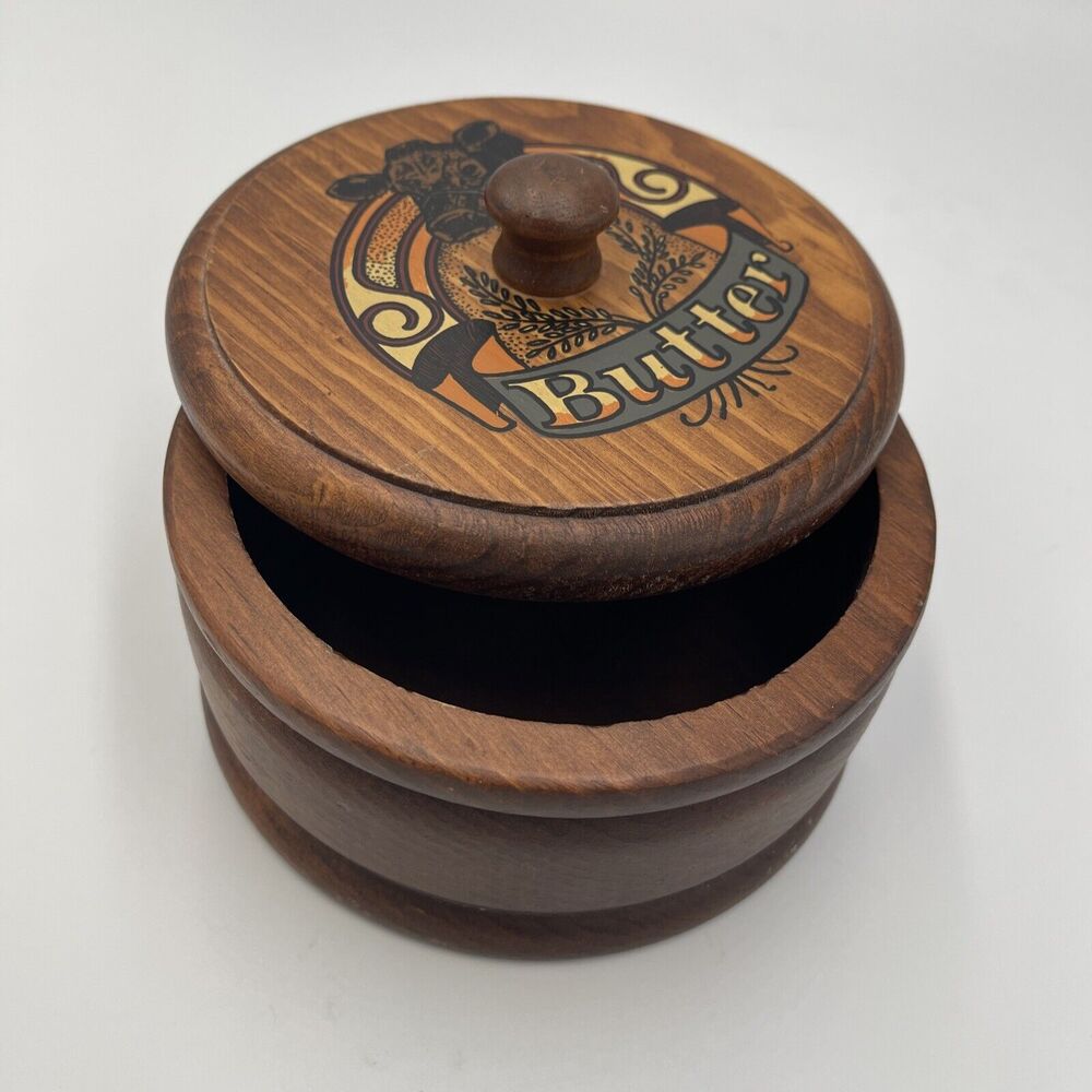 Cracker Barrel Round Carved Wood Lidded Butter Dish 2 Pc Kitchen Decor Dairy Cow